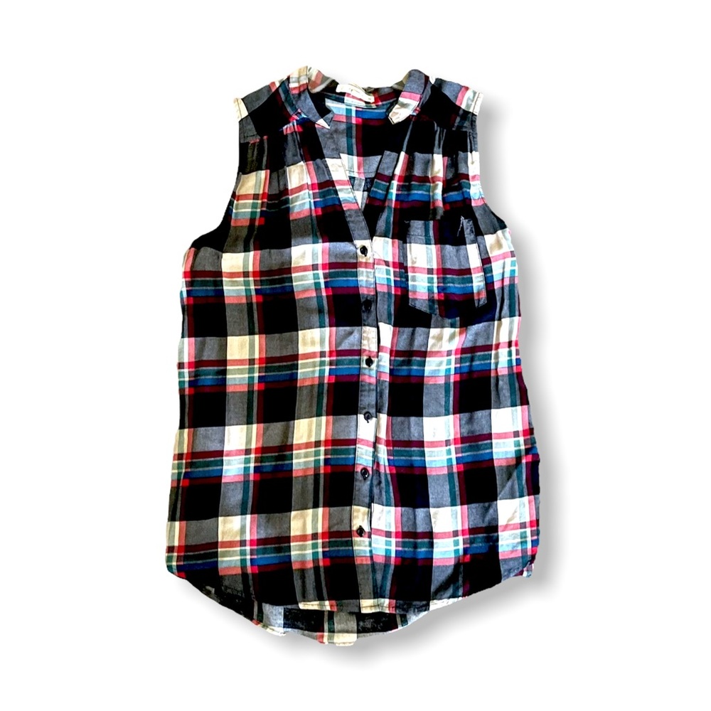 Fun 2 Fun Woman’s ModCloth Vintage Plaid Sleeveless Button Up Collared Blouse - Picture 7 of 10